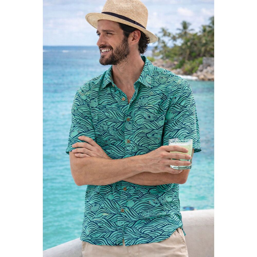 Margaritaville Puffer Fish Button Up Shirt Medium Teal Tropical Beach Dad Hawaii